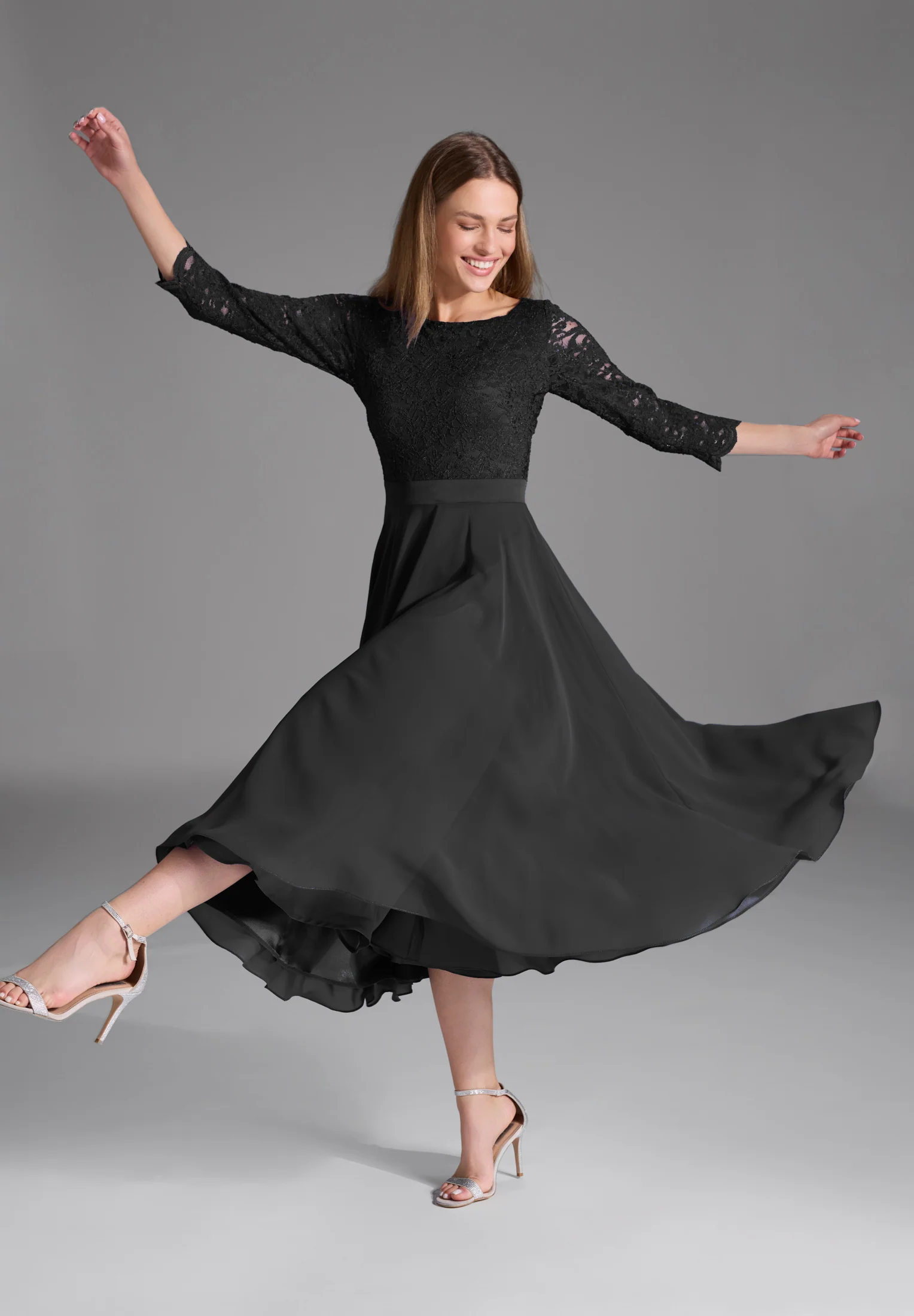 Abendkleid Midi mit Oberteil aus floraler Spitze und Chiffon Rock - Image 5